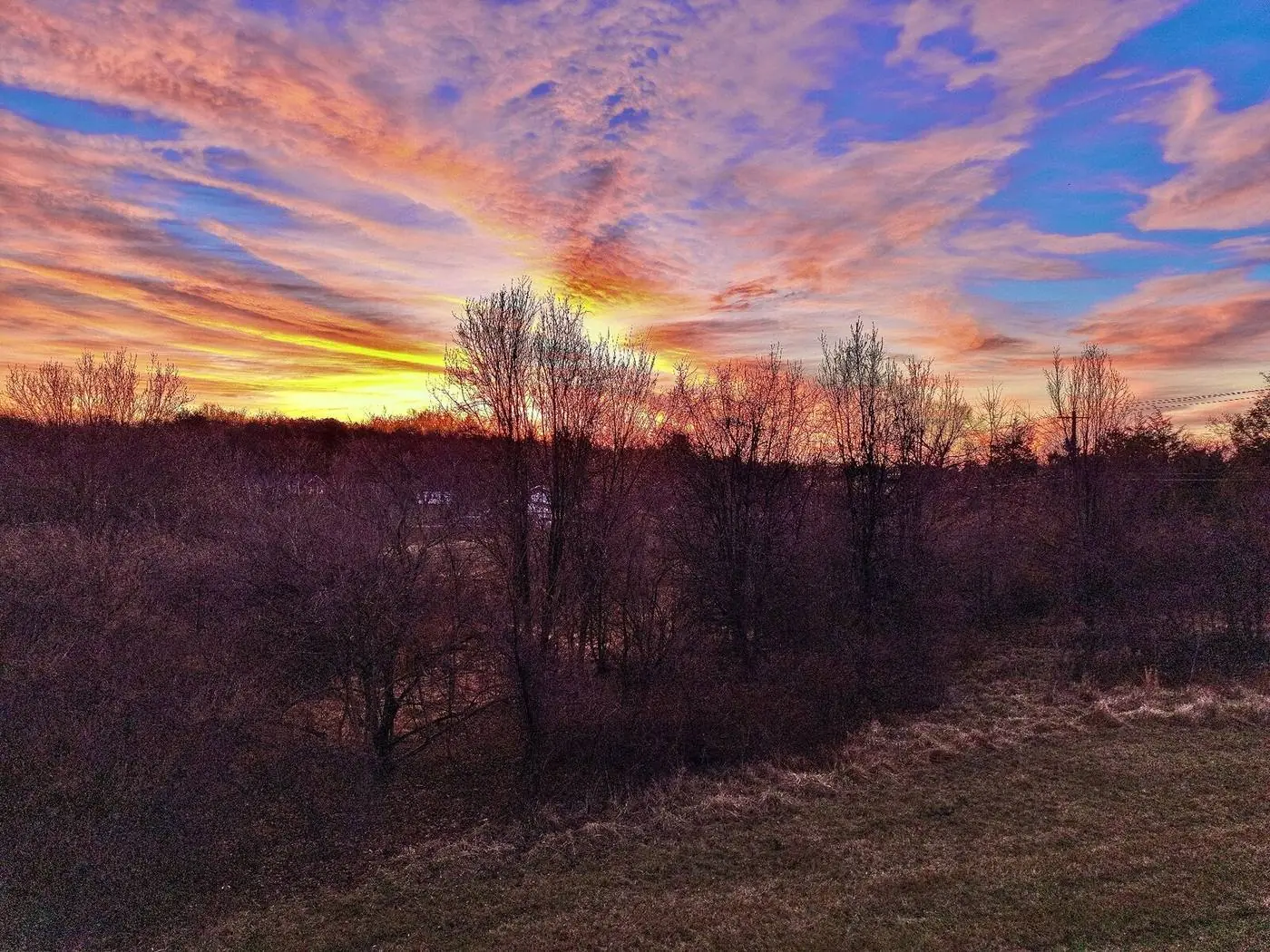 Aerial landscape photography of a pink and gold sunset sky over the Virginia treeline