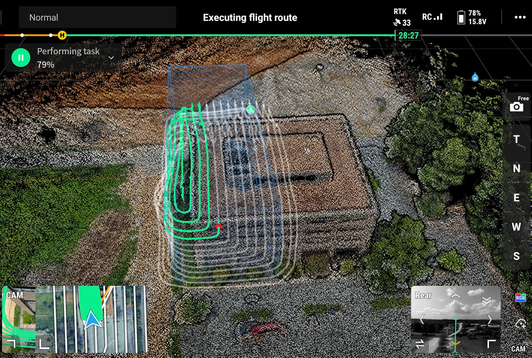 Live 3-D point-cloud reconstruction of a building and job site during an RTK-corrected mapping flight with the DJI Matrice 4T near Richmond, Virginia