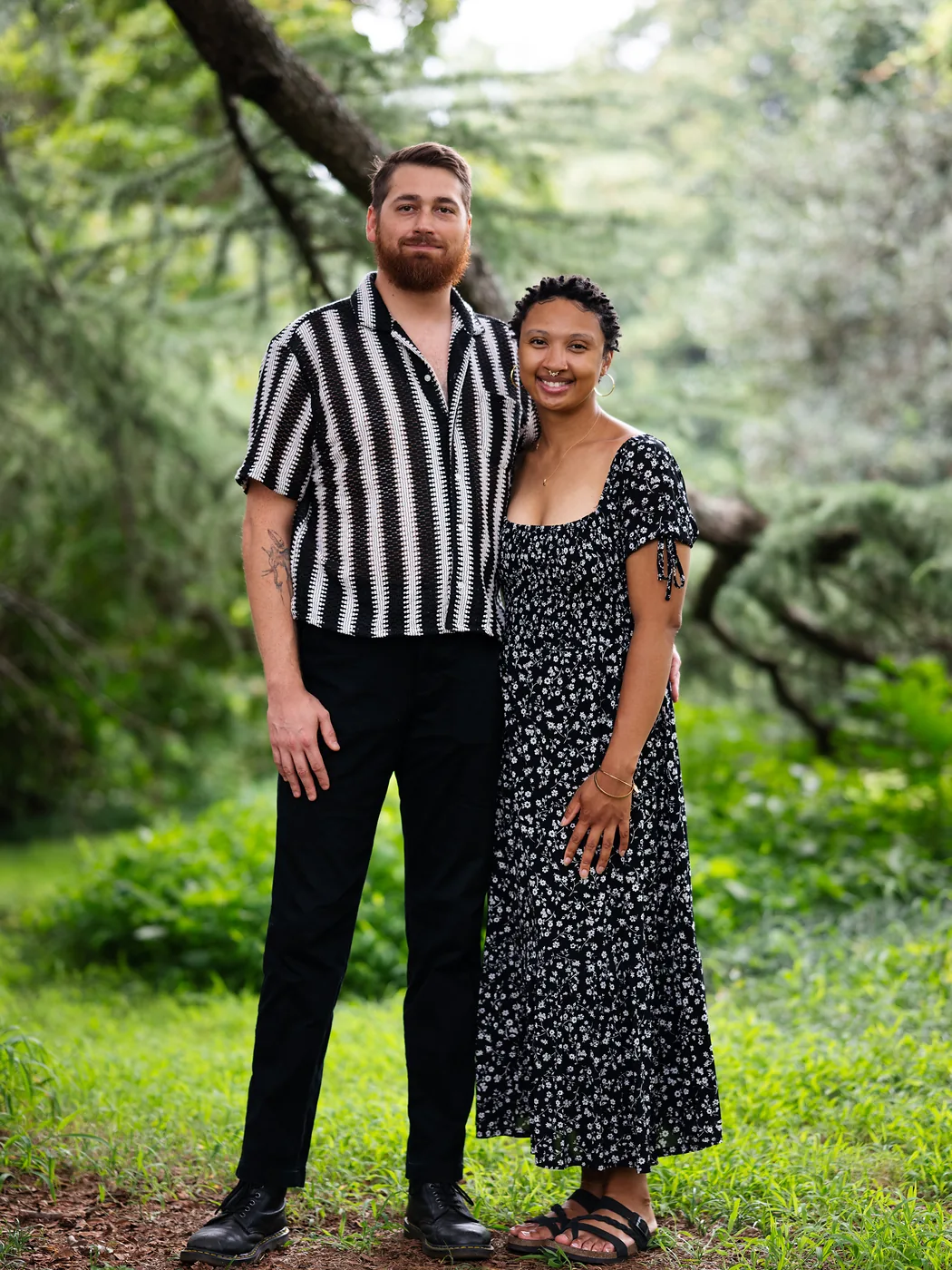 Full length couples portrait beneath cedar trees at Maymont in Richmond Virginia, natural light portrait photography by 4AB Drone Services