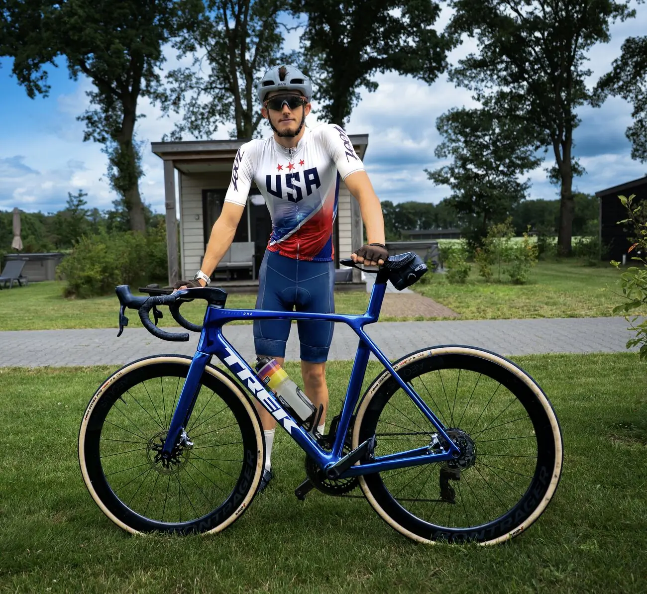 Portrait of a cyclist with a road bike in USA kit, Richmond VA