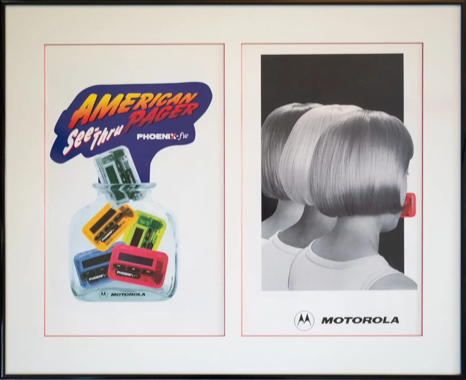 Flat lay still-life photography of framed vintage Motorola pager advertisements, Richmond VA