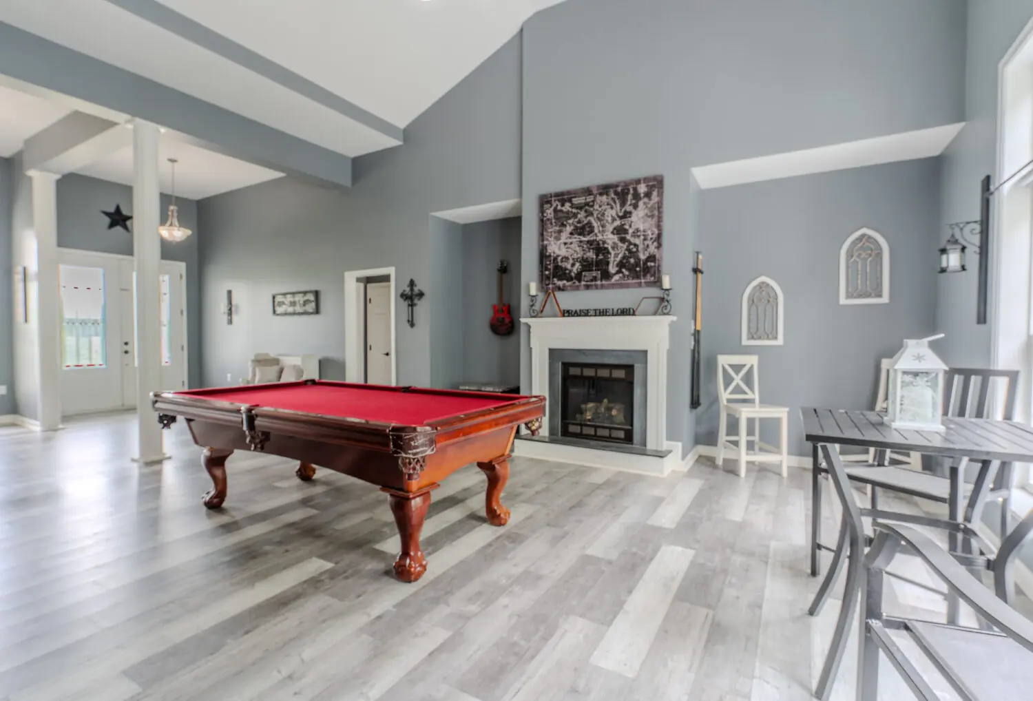 Great room with billiards, fireplace, and open sightlines, greater Richmond VA