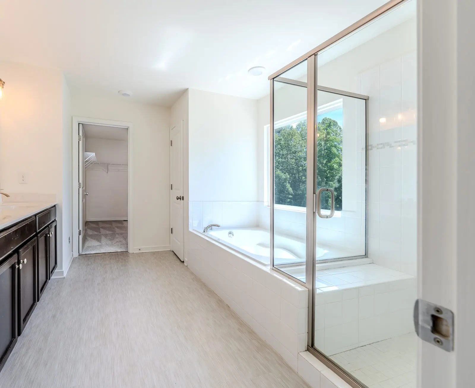 Primary bath with garden tub, glass shower, walk-in closet, and dark vanity, greater Richmond VA