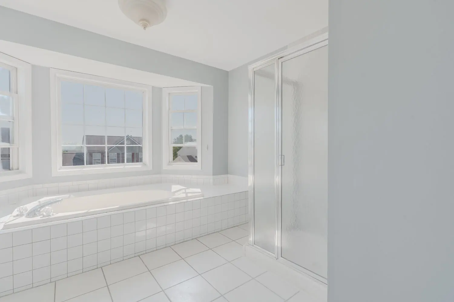 Bright primary bath with a bay-window garden tub and glass shower, greater Richmond VA