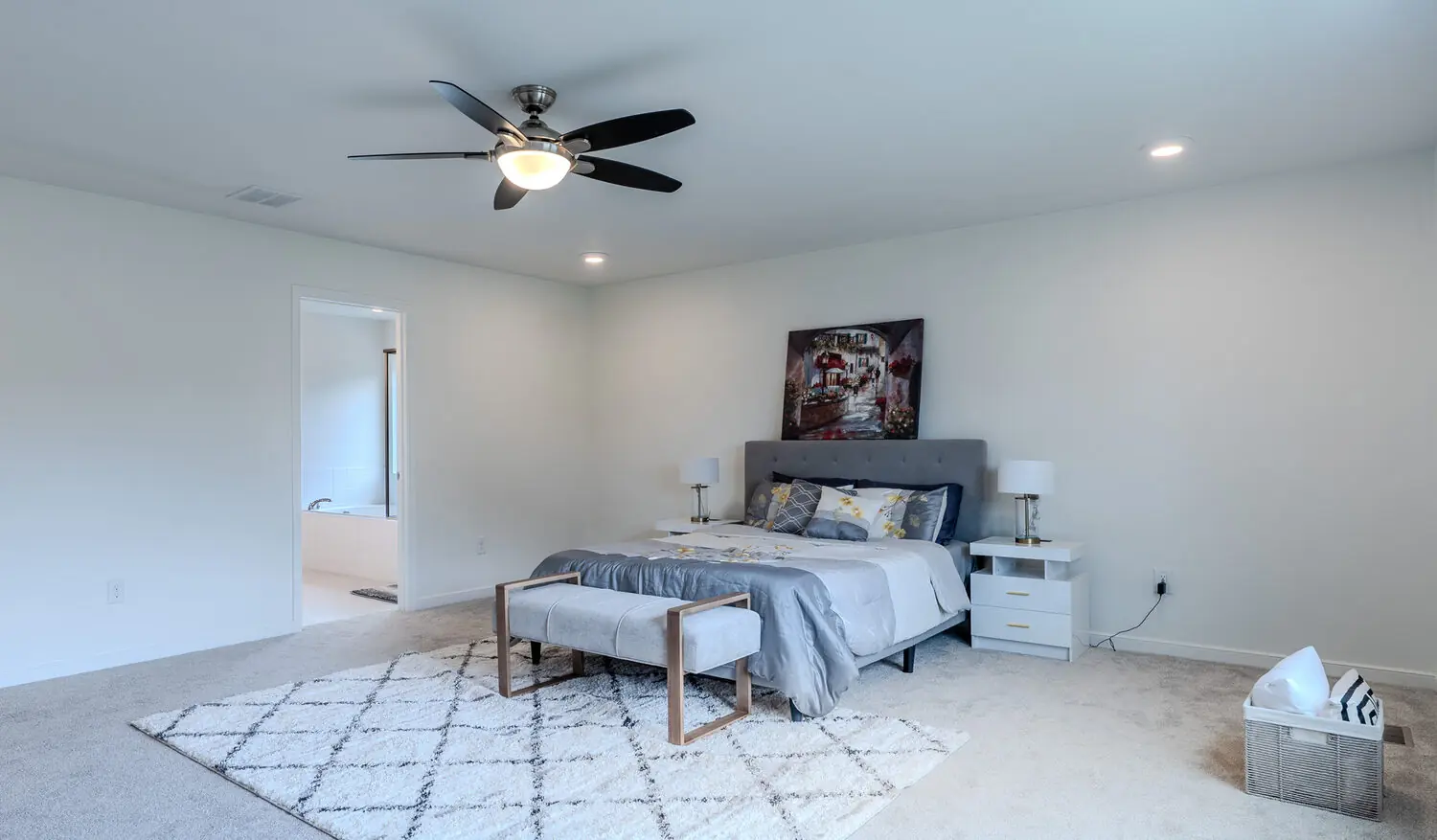 Staged master bedroom interior real estate photo with natural light, greater Richmond VA