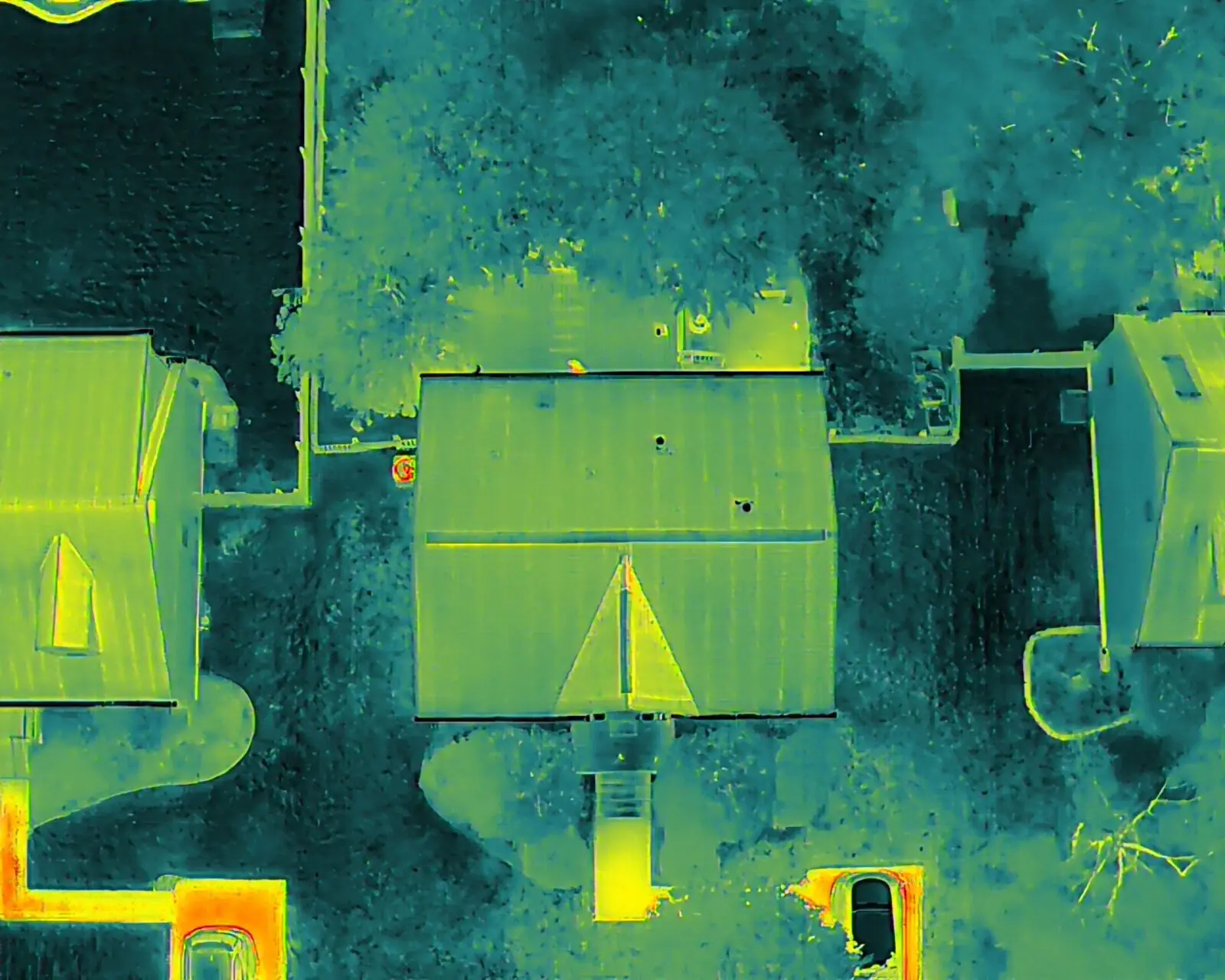 Thermal drone roof scan showing heat signatures across rooftops